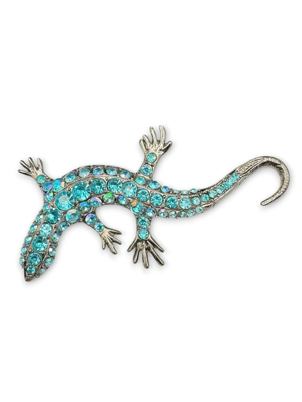 Vintage Unmarked Aqua Blue Rhinestone Salamander Brooch